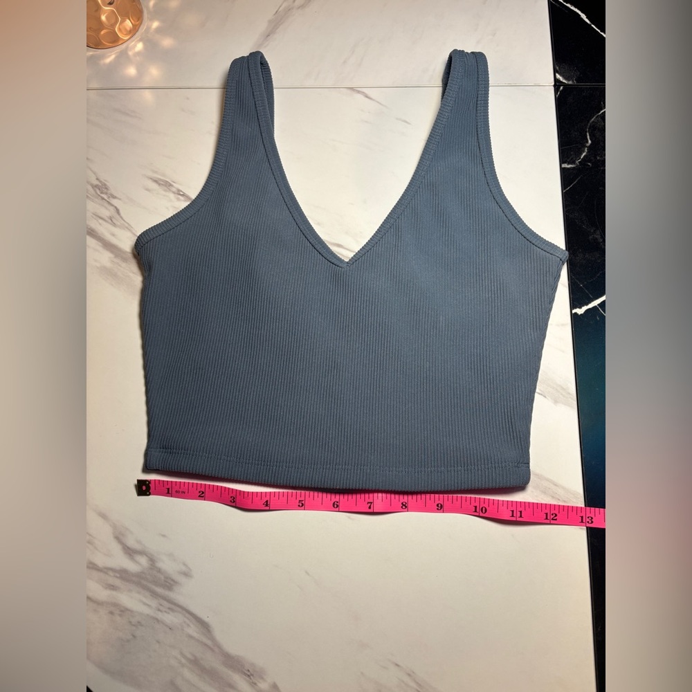 BuffBunny Ribbed V-Neck Material Girl Crop Bra Tank - Slate Blue